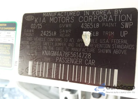 2015 Kia Optima Lx from USA, damaged, VIN KNAGM4A78F5614728